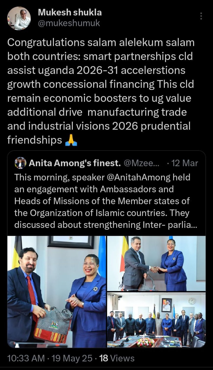 City Tycoon and Philanthropist Shukla Mukesh Hails Speaker Anita Among for Hosting OIC Heads of Mission, Urges Smart Partnerships for Uganda’s Economic Growth